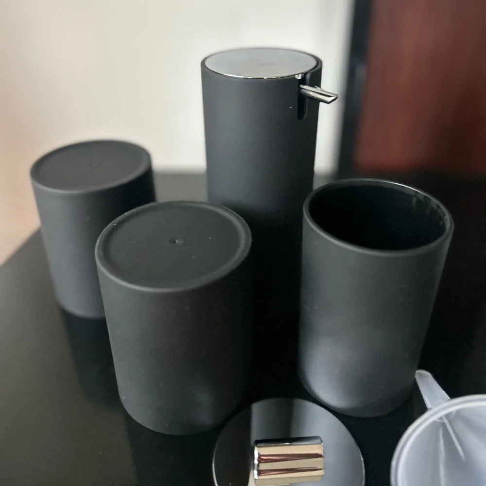 4 pieces bath accessories Black and Silver Cylinder modern Containers